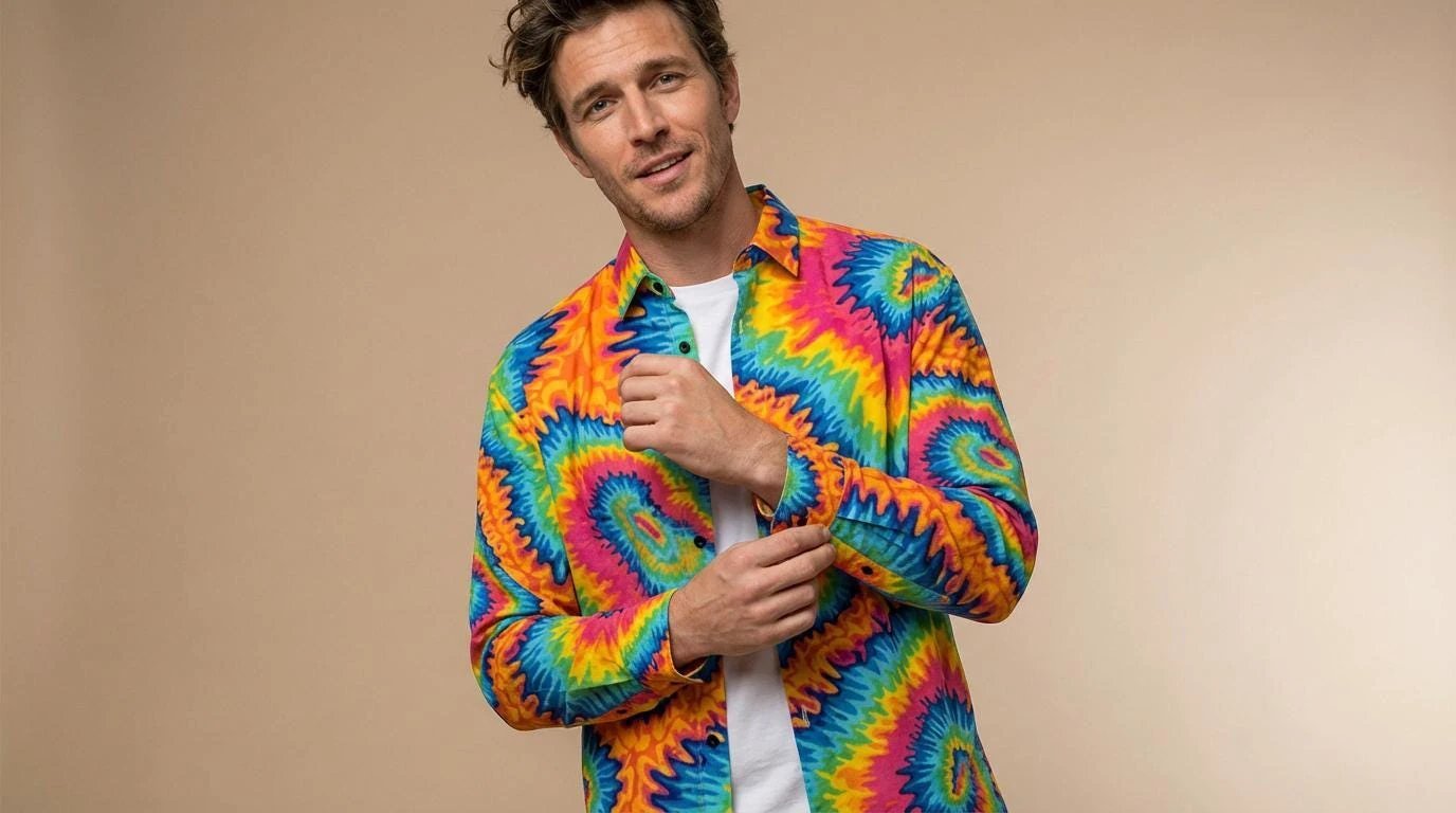 Psychedelic Rainbow Spiral Button-Up Shirt — Neon Tie-Dye AOP Long Sleeve