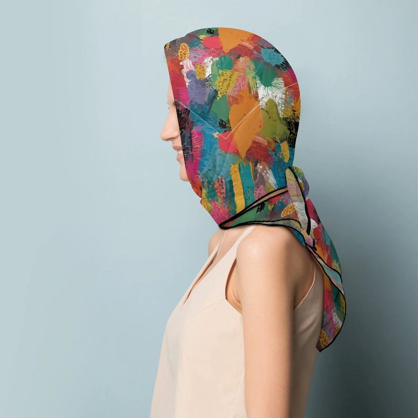 Maximalist Six-Way Scarf for Aesthetic Collectors — Abstract AOP Silk-Feel Square, Wearable Art Neckerchief, Festival Hair Wrap, Gift Under $15