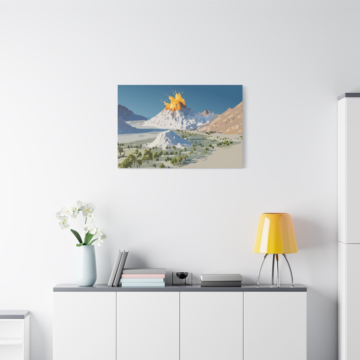 Tropical Volcano Eruption Canvas Wall Art | Stylized National-Park Vector Print on FSC-Certified Stretched Matte Canvas — Mystery Island Decor