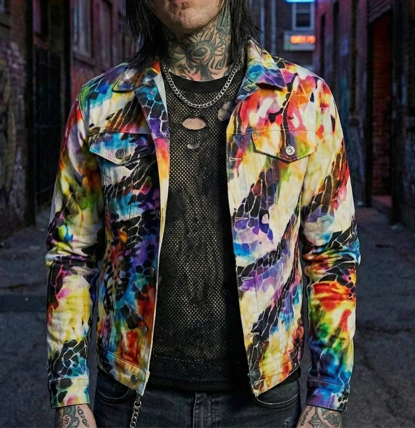 Rainbow Mosaic Shattered Glass Jacket - Primal Print Psychedelic Art Coat for Festival Headliners
