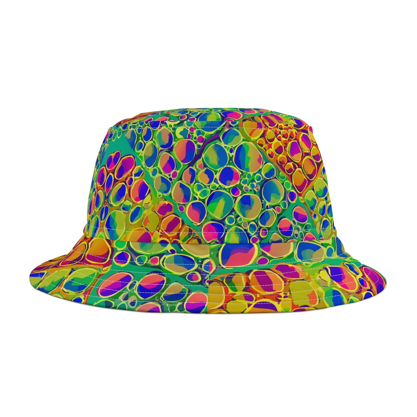 Mind-Melting Visuals AOP Bucket Hat | Dyles Mavis Hot-Pink & Lime Psychedelic Hypno-Dot Print — Made in USA Festival Streetwear Hat (Unisex)