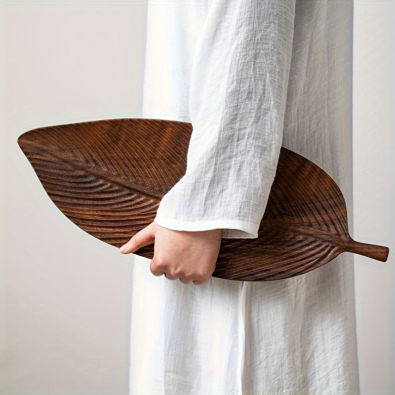 GOXAWEE Leaf-Shaped Acacia Wood Serving Tray with Handle - V1SC