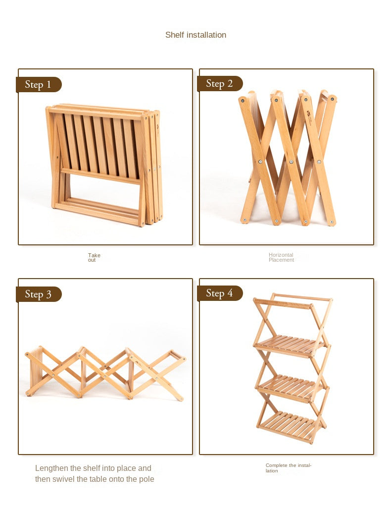 Mobi Garden Multi-Function Folding Table Portable Lightweight Solid Wood Storage Table Multi-layer Shelf Rack Foldable Wooden Table 4 Layer Shelves Outdoor Camping