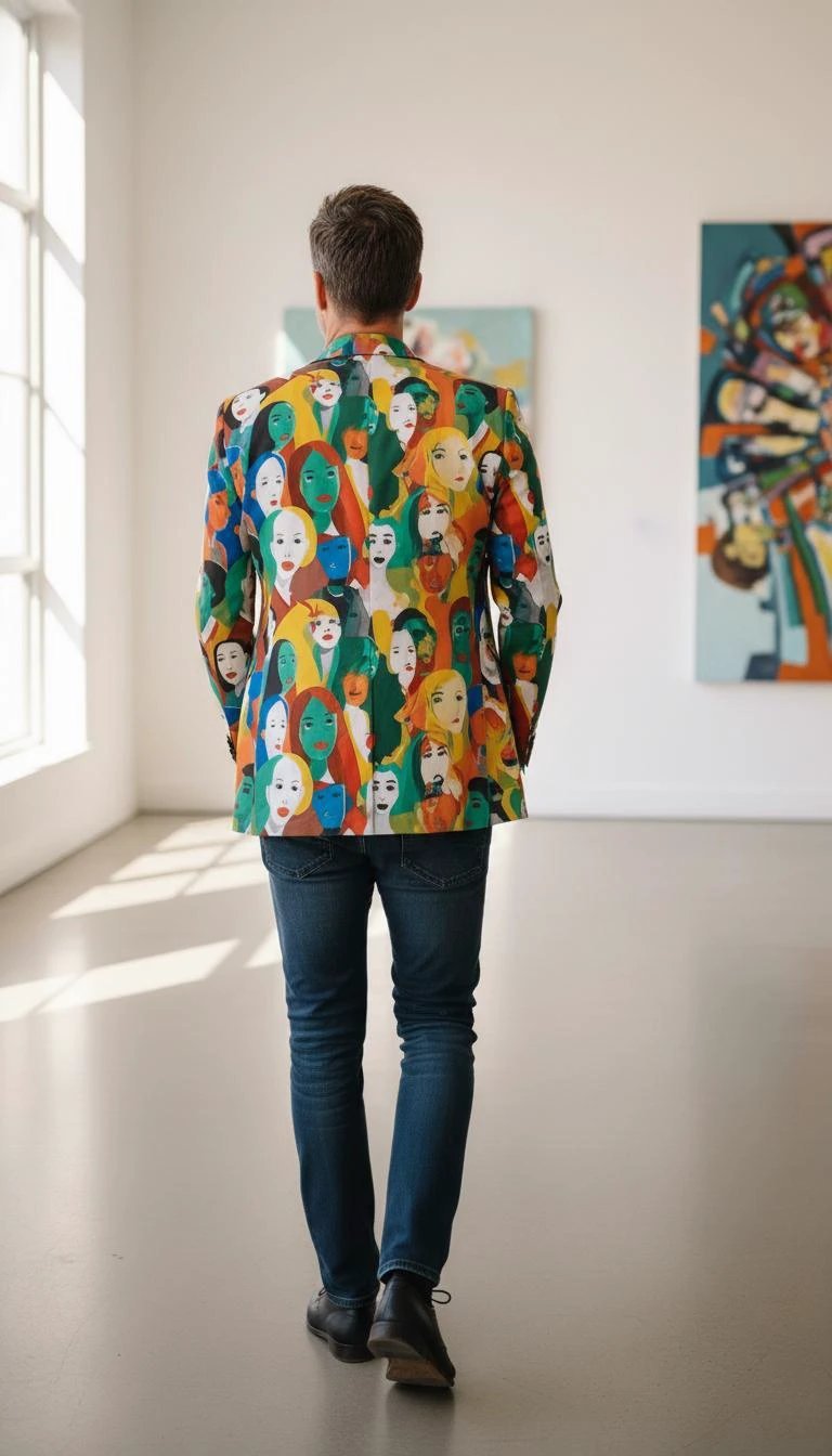Urban Crowd Faces Designer Blazer - Bold All-Over Print Cotton Suit Jacket for Creatives