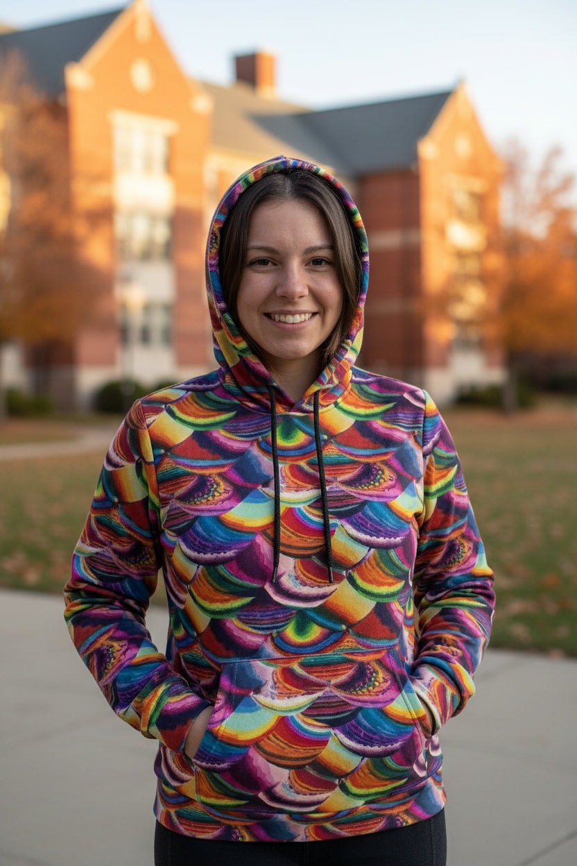 Prismatic Dragon Scale Athletic Hoodie for Fantasy and Bold Fitness Dressers — Rainbow AOP Maximalist Activewear