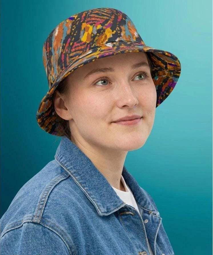 Toasted Marshmallow Campfire Bucket Hat - Abstract Organic Print Outdoor Hat for Glamping & Festivals