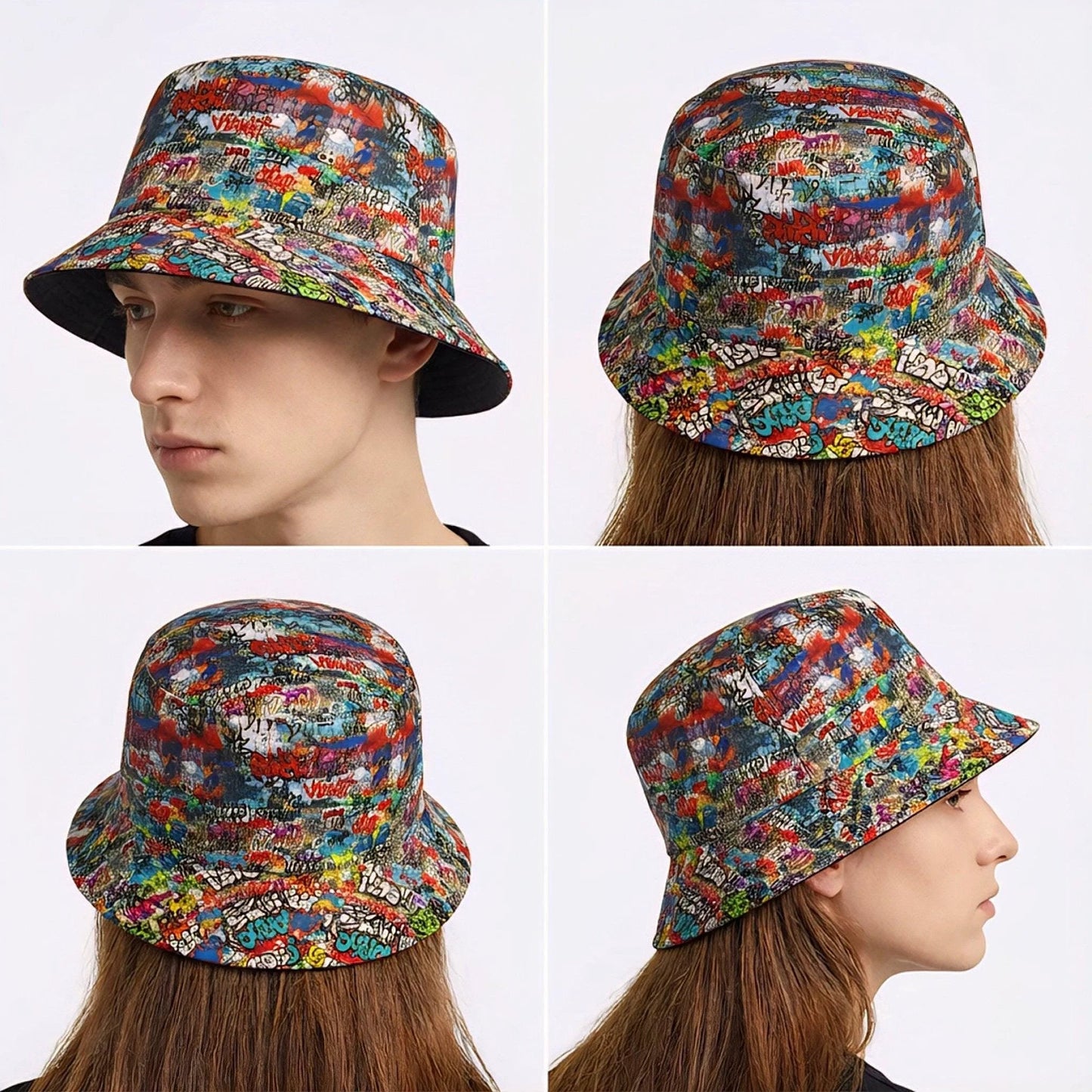 Graffiti Print AOP Bucket Hat | Maximalist All-Over Print Urban Festival Sun Hat