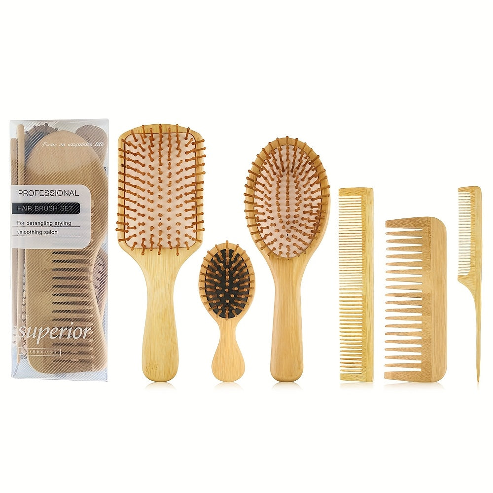 6pcs Bamboo Hair Brush Set for Men & Women - INK3
