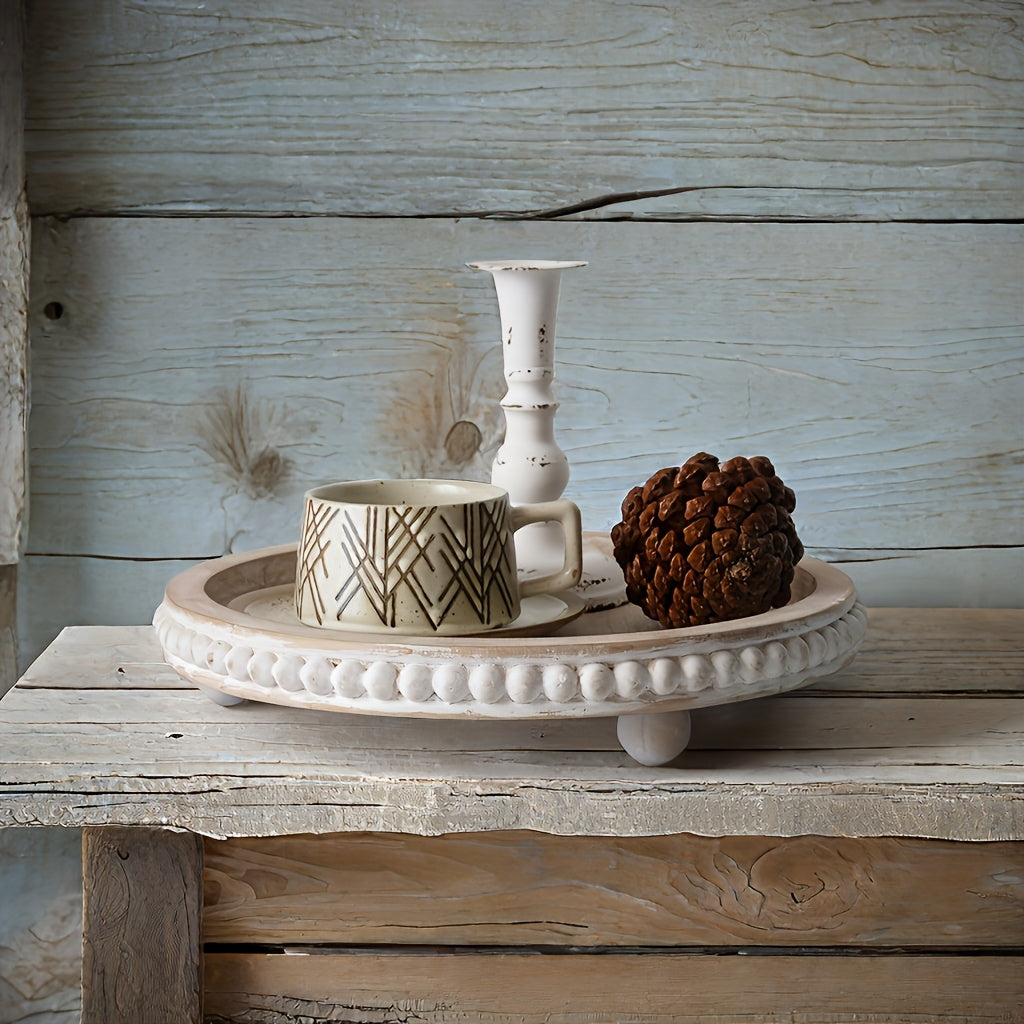 Chic 30.48cm White Wood Beaded Round Tray - PR3N