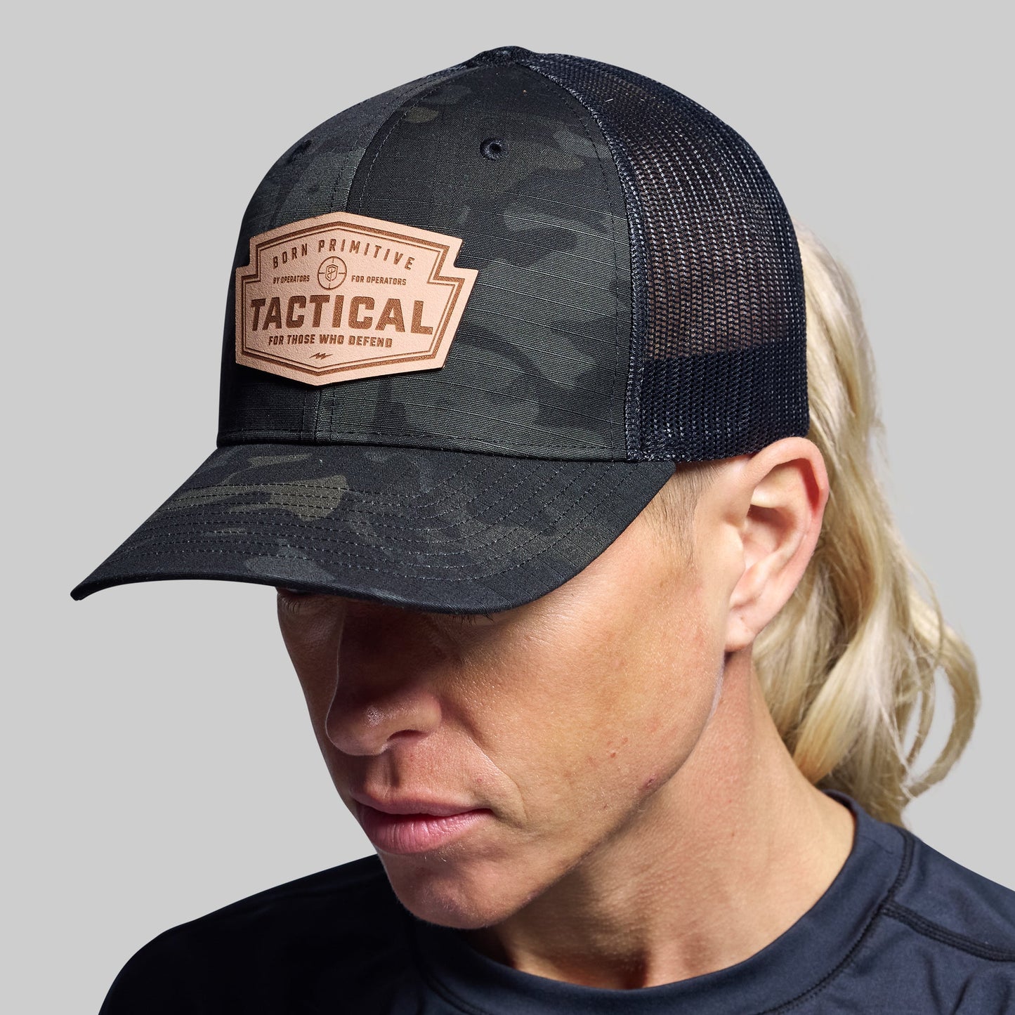 Tactical Light Leather Patch Trucker Hat (Black Multicam)