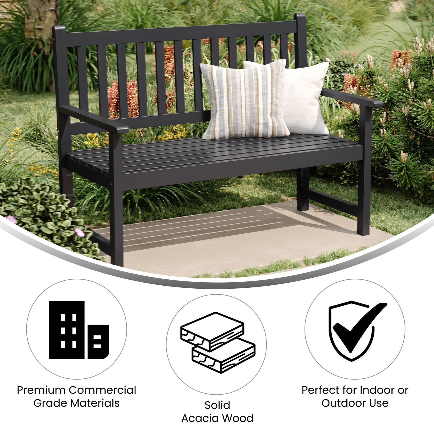 Adele Commercial Grade Indoor/Outdoor Patio Acacia Wood Bench, 2-Person Slatted Seat Loveseat for Park, Garden, Yard, Porch