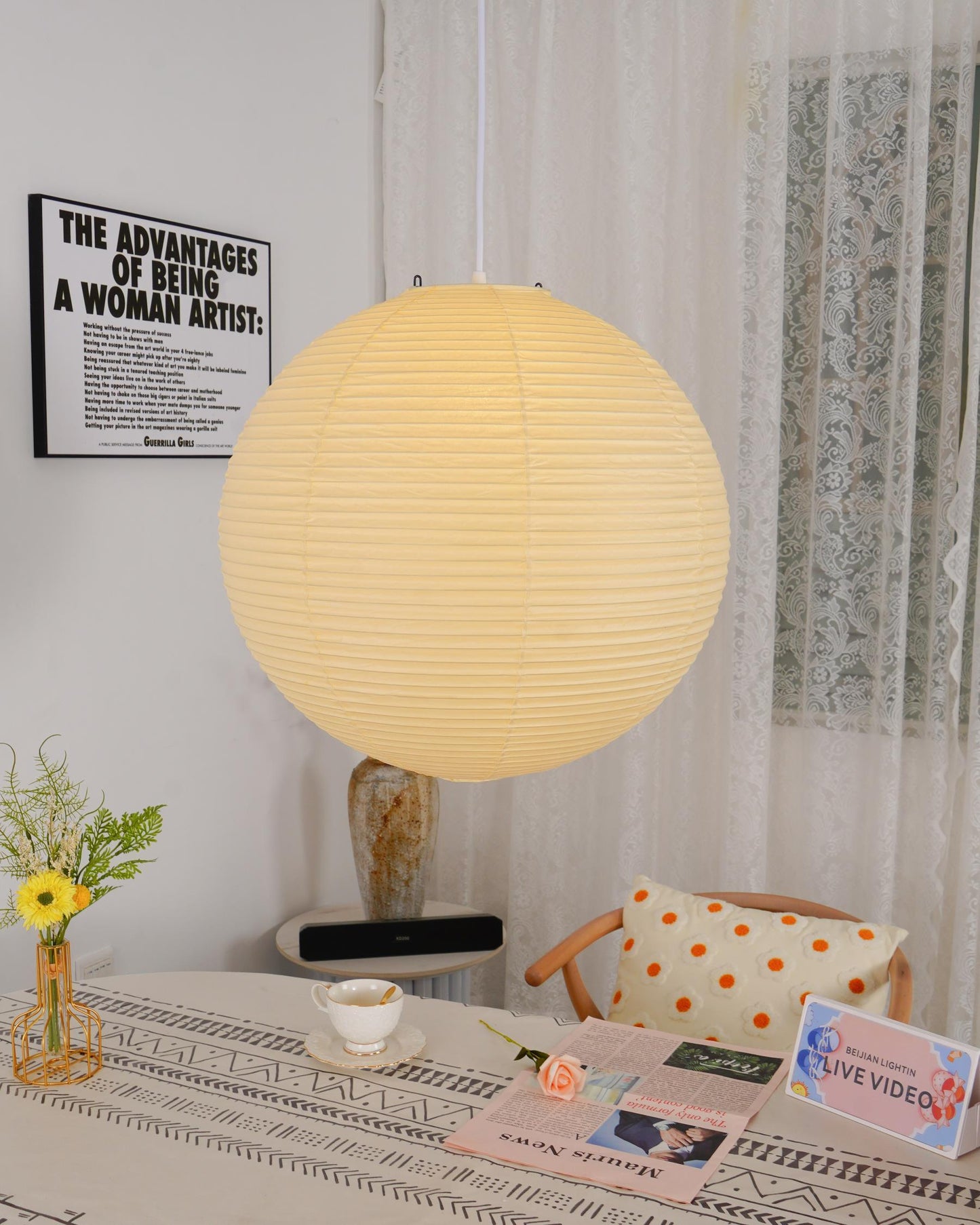 Rice Paper Globe Pendant Lights With Ribbed Shade
