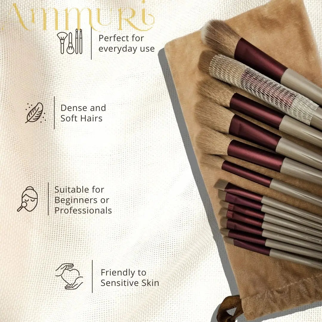 Ammuri 13-Piece Professional Vegan Makeup Brushes Set with Travel Pouch