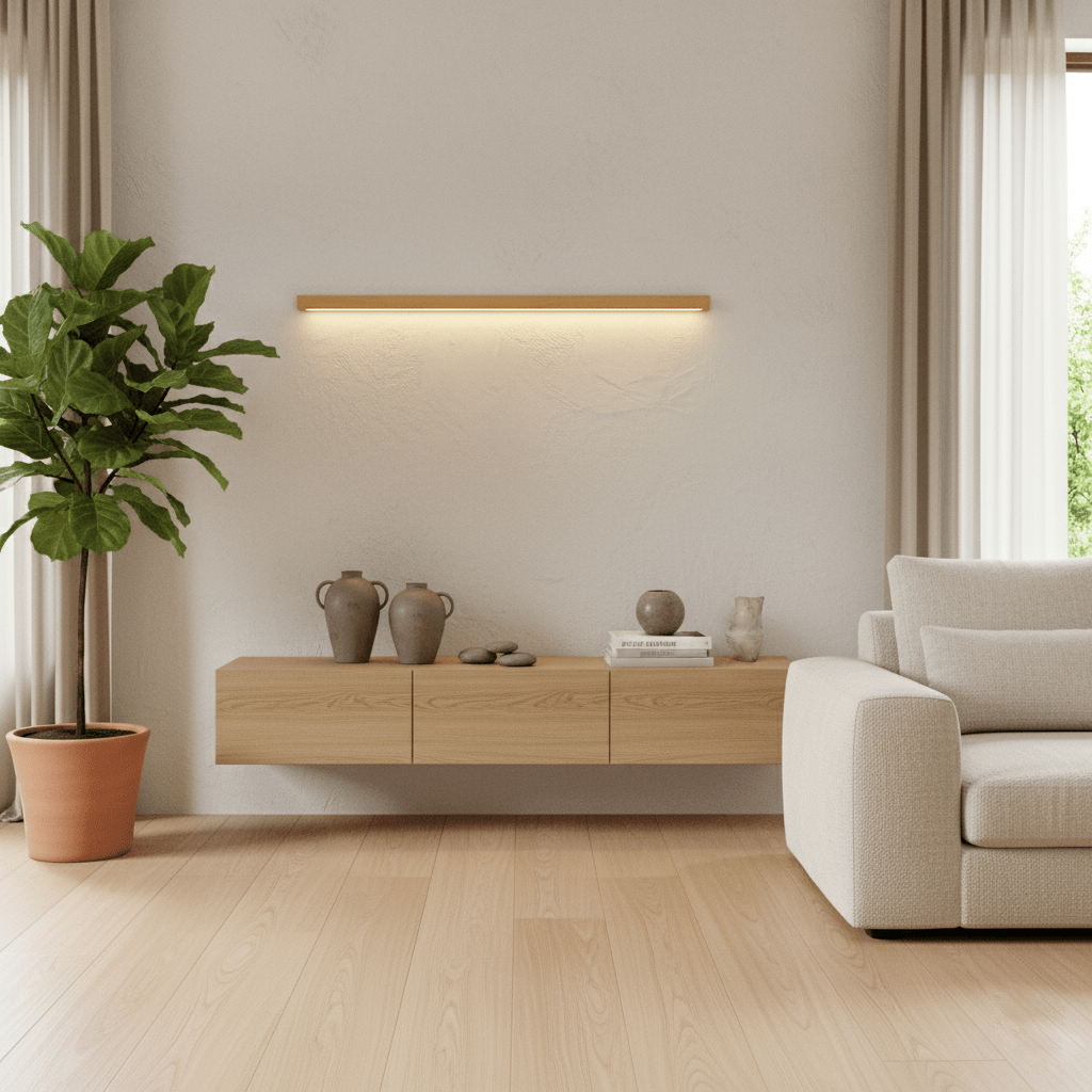 Minimalist Linear Wood Wall Light With Soft Downlight