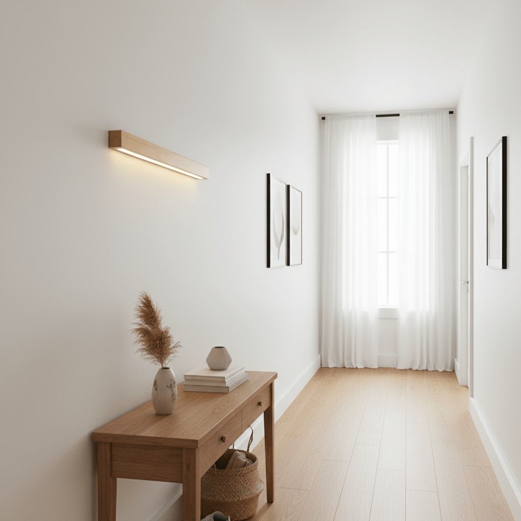 Minimalist Linear Wood Wall Light With Soft Downlight