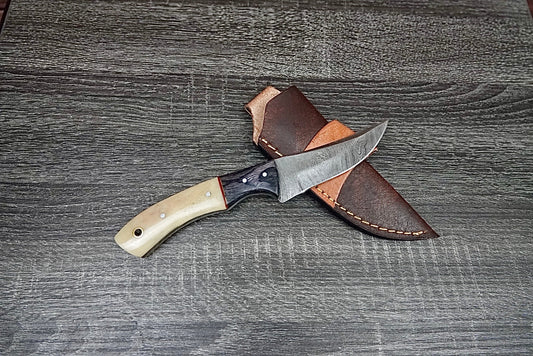Hand Forged Skinner Knife Twist Damascus Bone Wooden Bolster EDC Razor Sharp