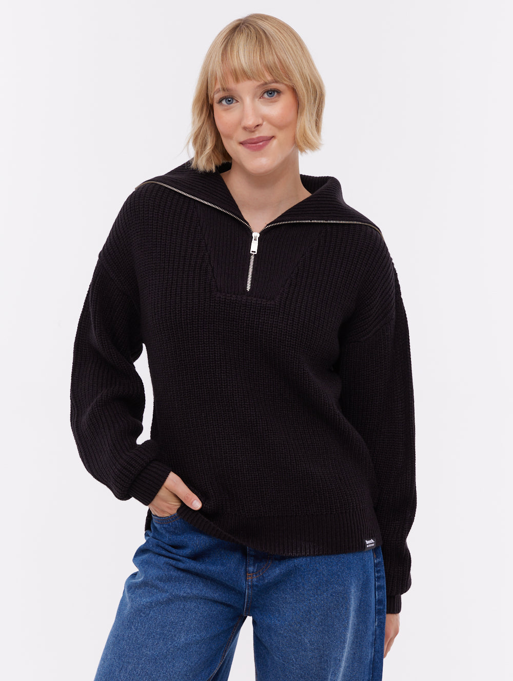 Audreena Zippered Funnel Sweater - Black