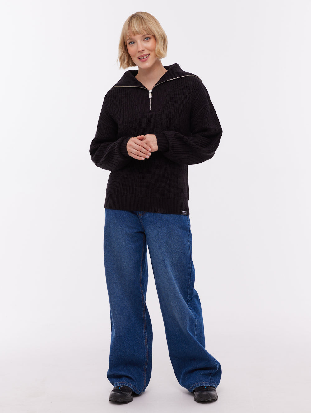 Audreena Zippered Funnel Sweater - Black