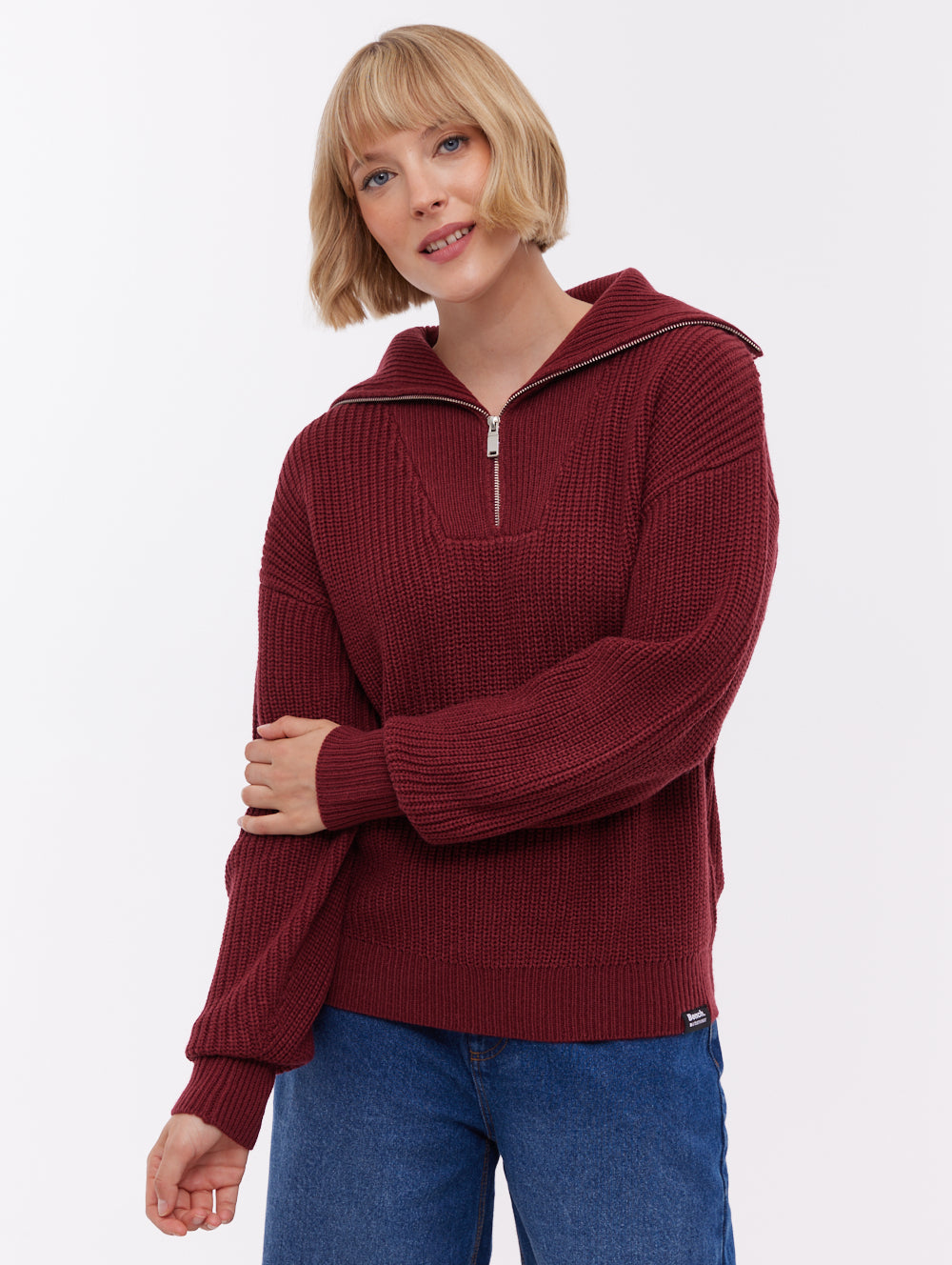Audreena Zippered Funnel Sweater - Red