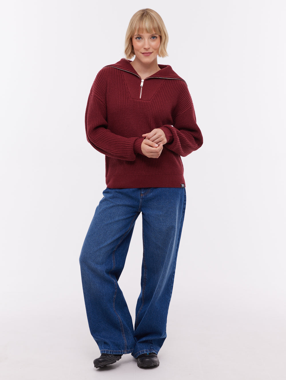 Audreena Zippered Funnel Sweater - Red