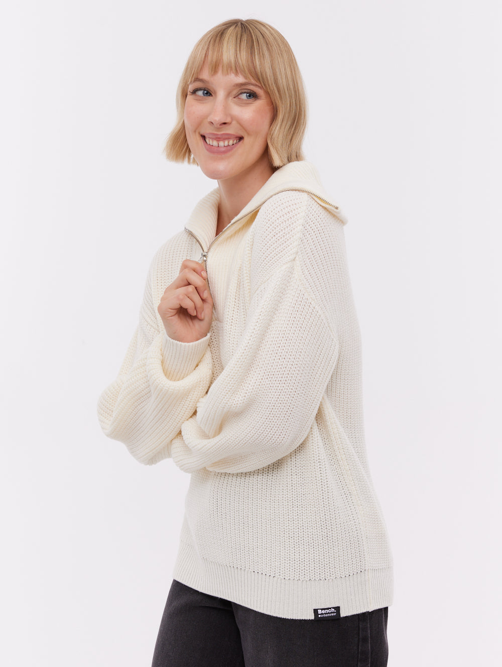 Audreena Zippered Funnel Sweater - White