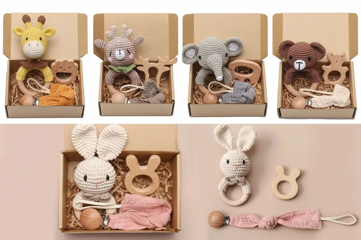 Bopoobo Crochet Bunny Teether Rattle Set - 3PCS Beech Wood Pacifier Chain for Newborns