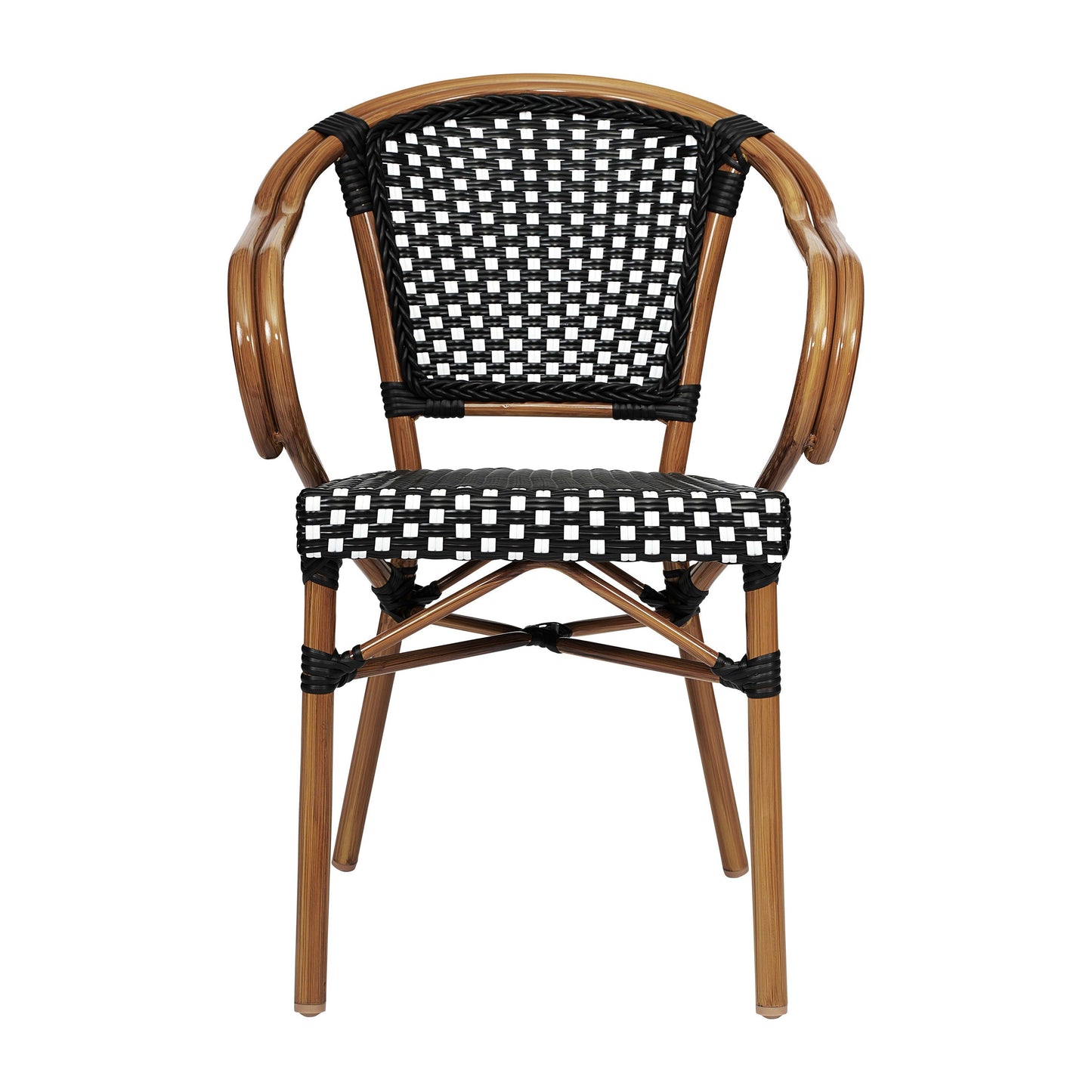 Bordeaux Indoor/Outdoor Commercial Bistro Stacking Chair with Arms, PE Rattan and Bamboo Print Aluminum Frame