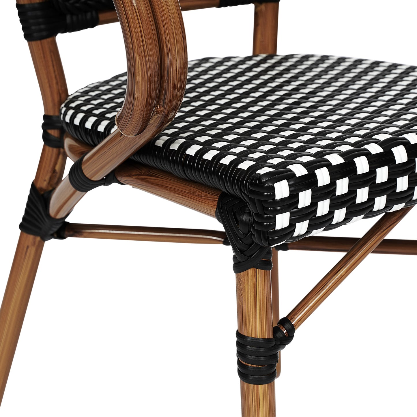 Bordeaux Indoor/Outdoor Commercial Bistro Stacking Chair with Arms, PE Rattan and Bamboo Print Aluminum Frame
