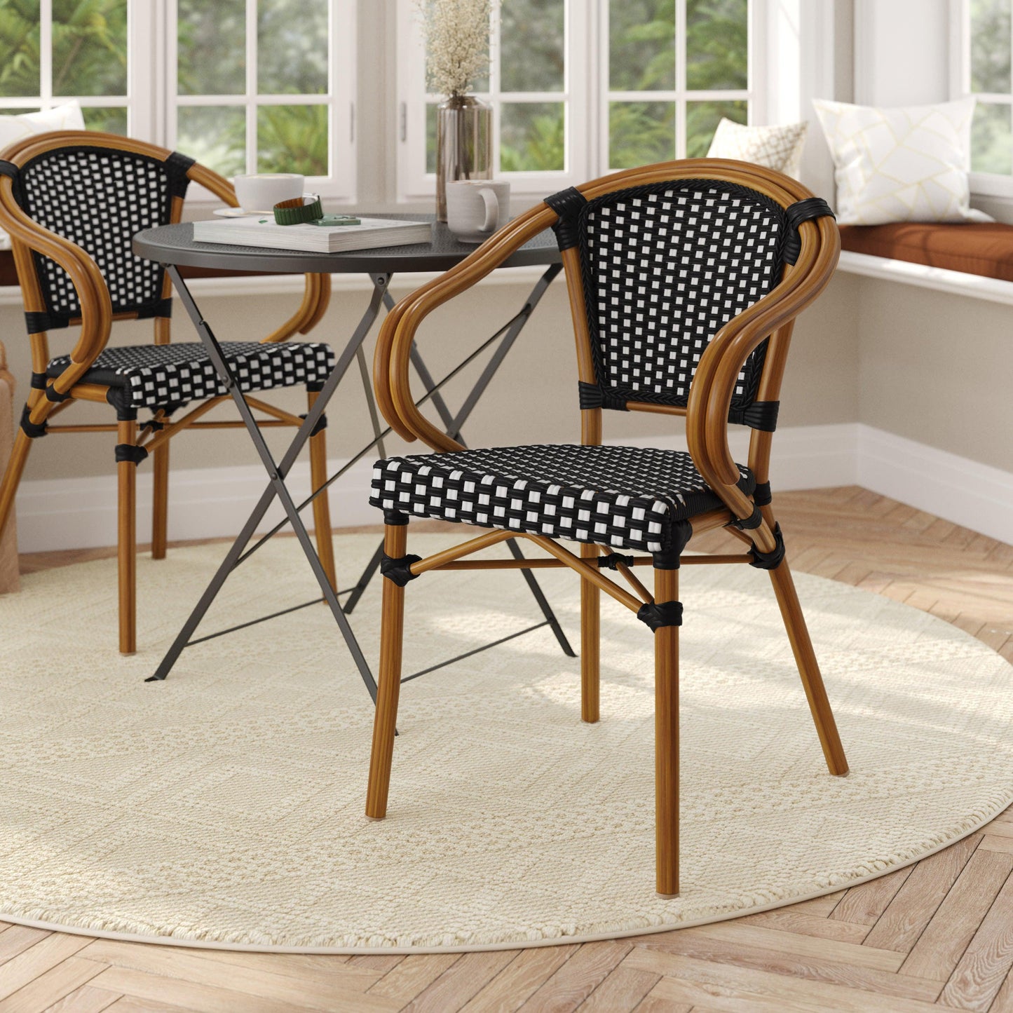 Bordeaux Indoor/Outdoor Commercial Bistro Stacking Chair with Arms, PE Rattan and Bamboo Print Aluminum Frame