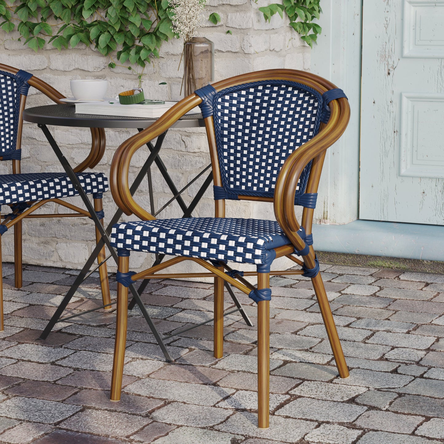 Bordeaux Indoor/Outdoor Commercial Bistro Stacking Chair with Arms, PE Rattan and Bamboo Print Aluminum Frame