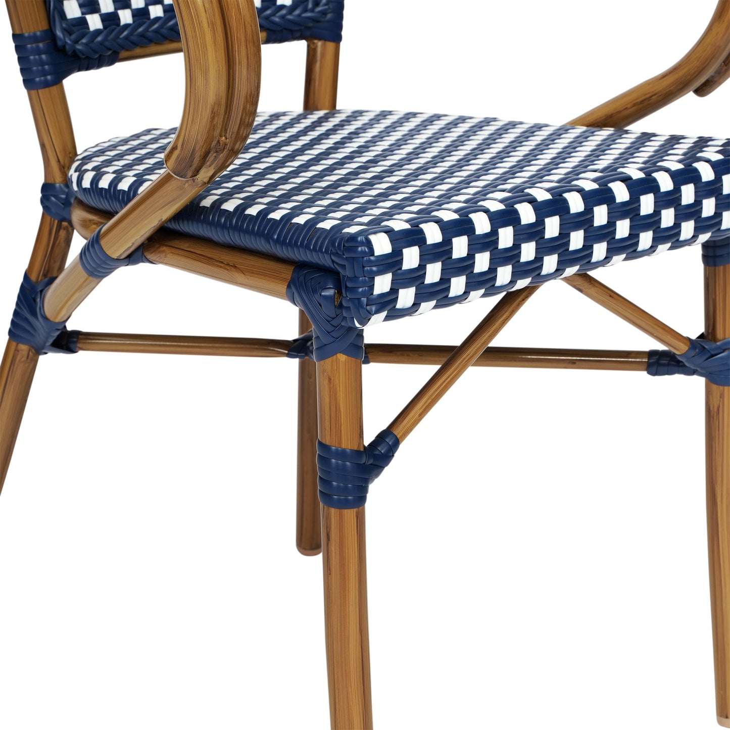 Bordeaux Indoor/Outdoor Commercial Bistro Stacking Chair with Arms, PE Rattan and Bamboo Print Aluminum Frame