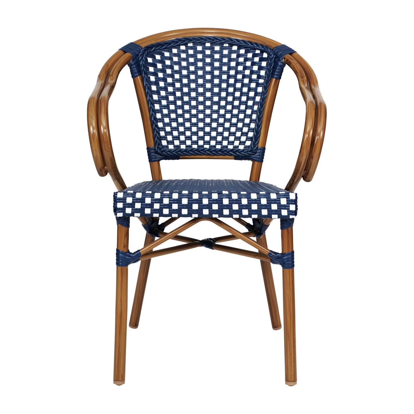 Bordeaux Indoor/Outdoor Commercial Bistro Stacking Chair with Arms, PE Rattan and Bamboo Print Aluminum Frame