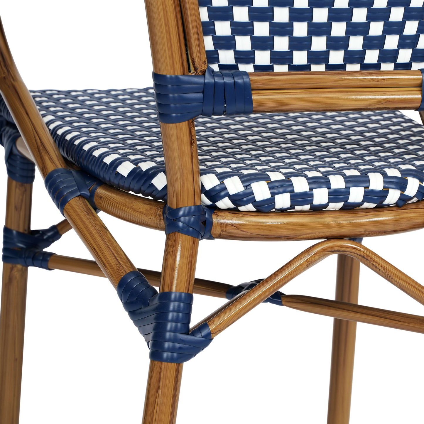 Bordeaux Indoor/Outdoor Commercial Bistro Stacking Chair with Arms, PE Rattan and Bamboo Print Aluminum Frame