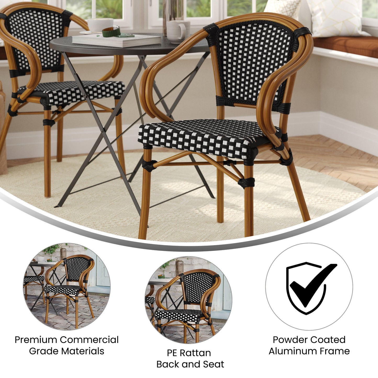 Bordeaux Indoor/Outdoor Commercial Bistro Stacking Chair with Arms, PE Rattan and Bamboo Print Aluminum Frame