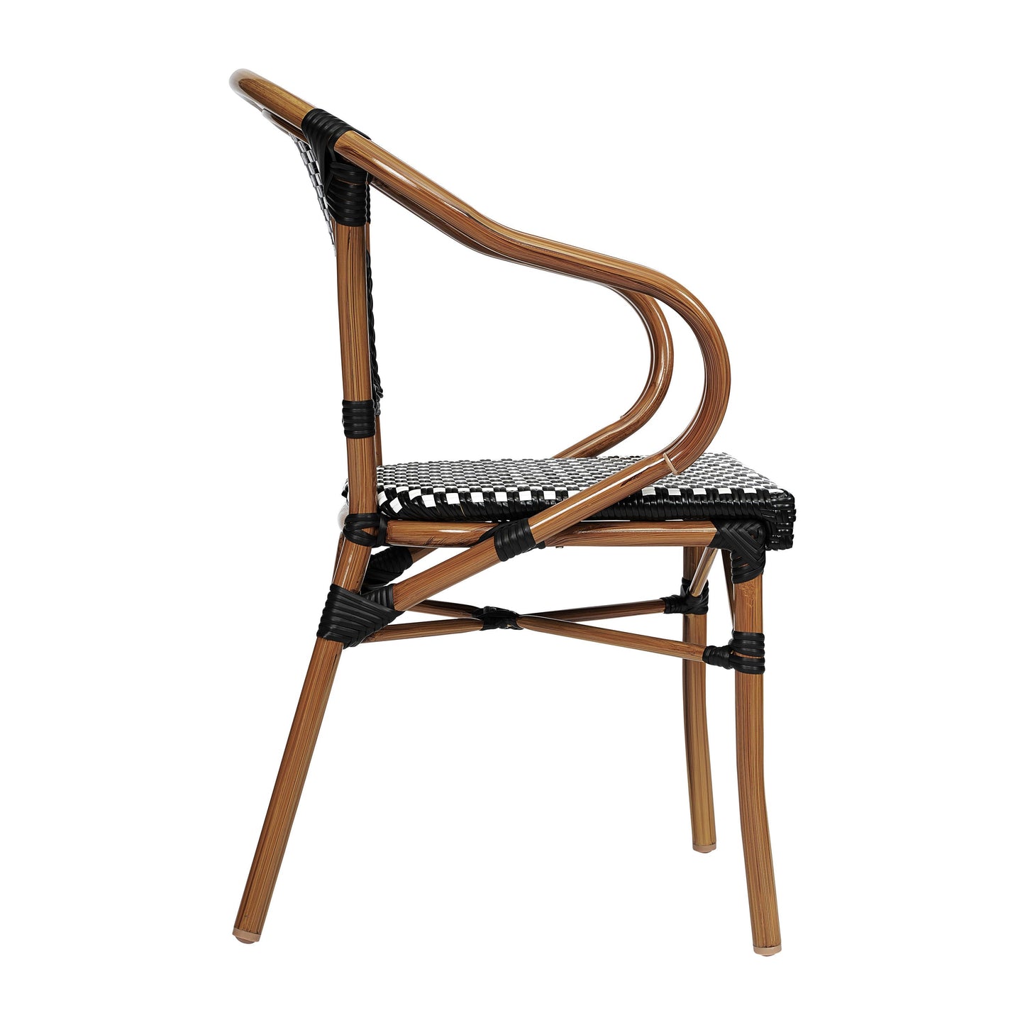 Bordeaux Indoor/Outdoor Commercial Bistro Stacking Chair with Arms, PE Rattan and Bamboo Print Aluminum Frame