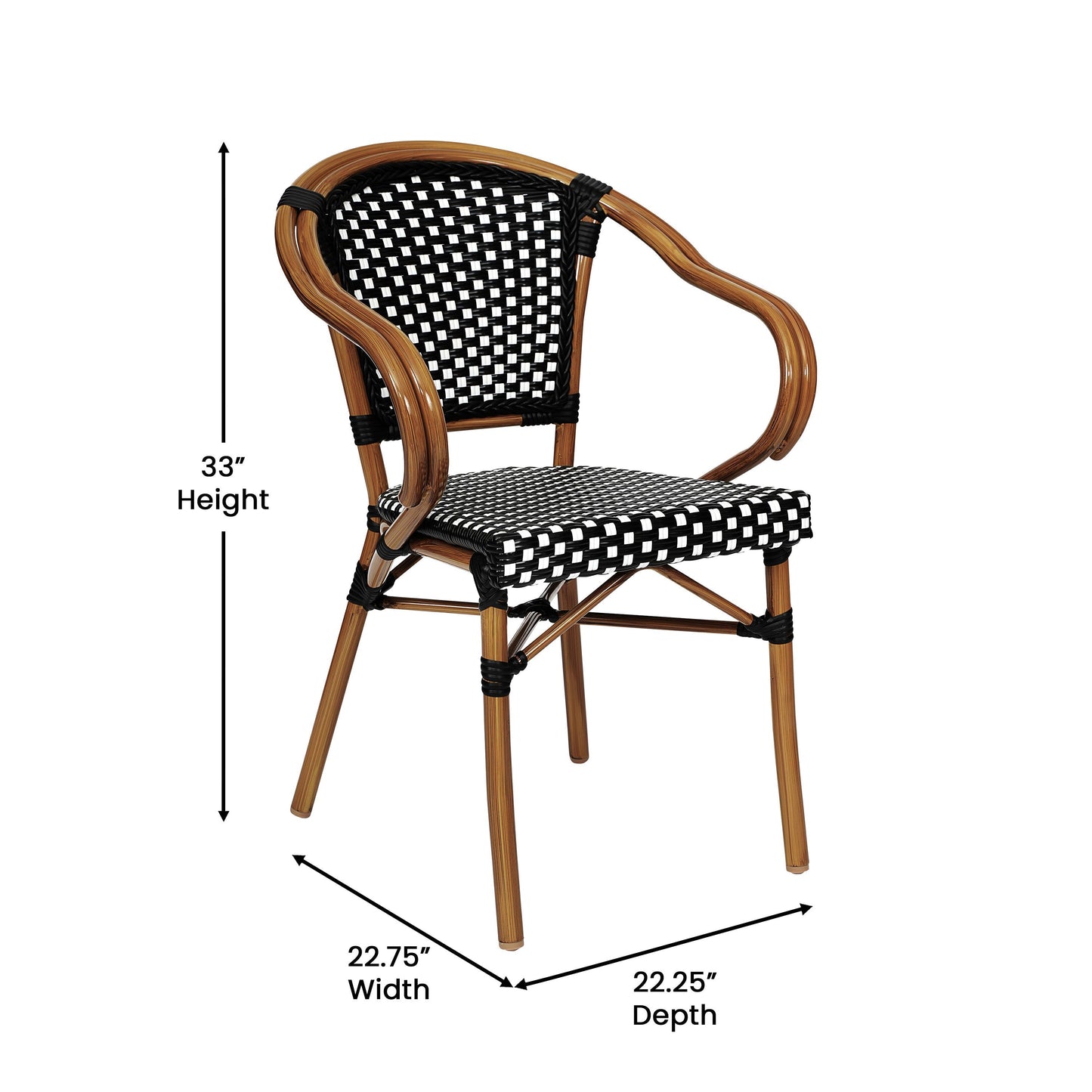 Bordeaux Indoor/Outdoor Commercial Bistro Stacking Chair with Arms, PE Rattan and Bamboo Print Aluminum Frame