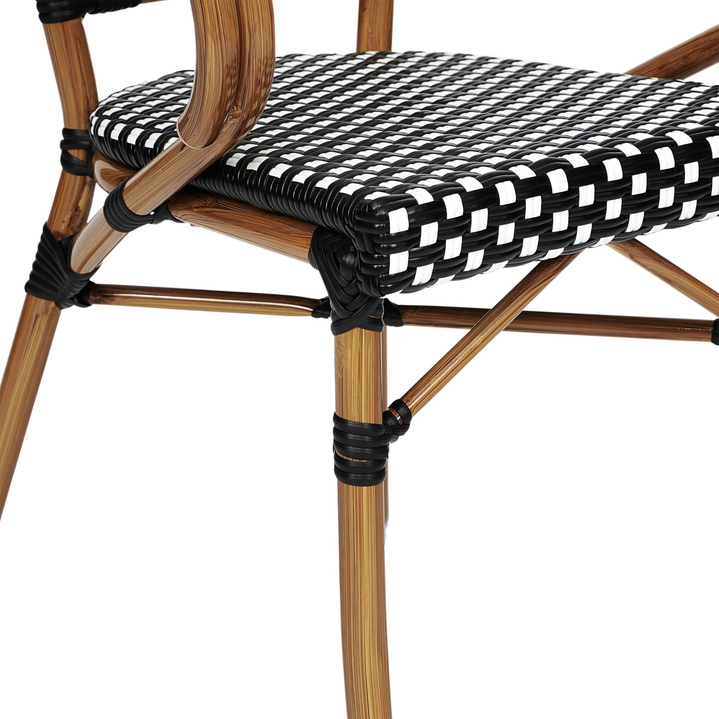 Bordeaux Indoor/Outdoor Commercial Bistro Stacking Chair with Arms, PE Rattan and Bamboo Print Aluminum Frame