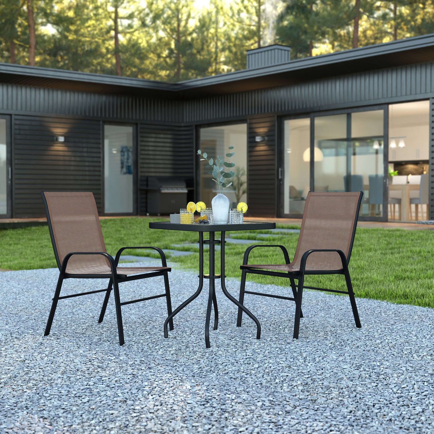 Brazos 3 Piece Outdoor Patio Dining Set - Tempered Glass Patio Table, 2 Flex Comfort Stack Chairs