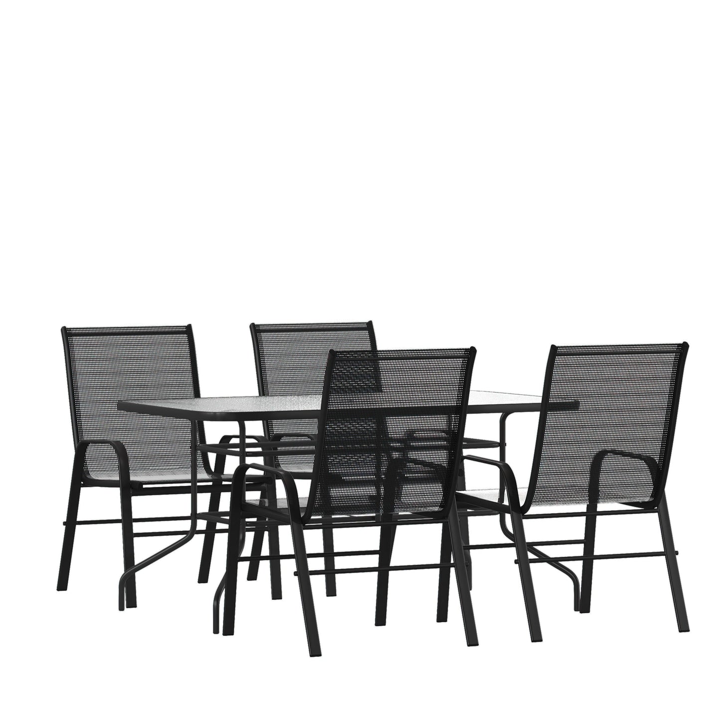 Brazos 5 Piece Outdoor Patio Dining Set - Tempered Glass Patio Table, 4 Flex Comfort Stack Chairs