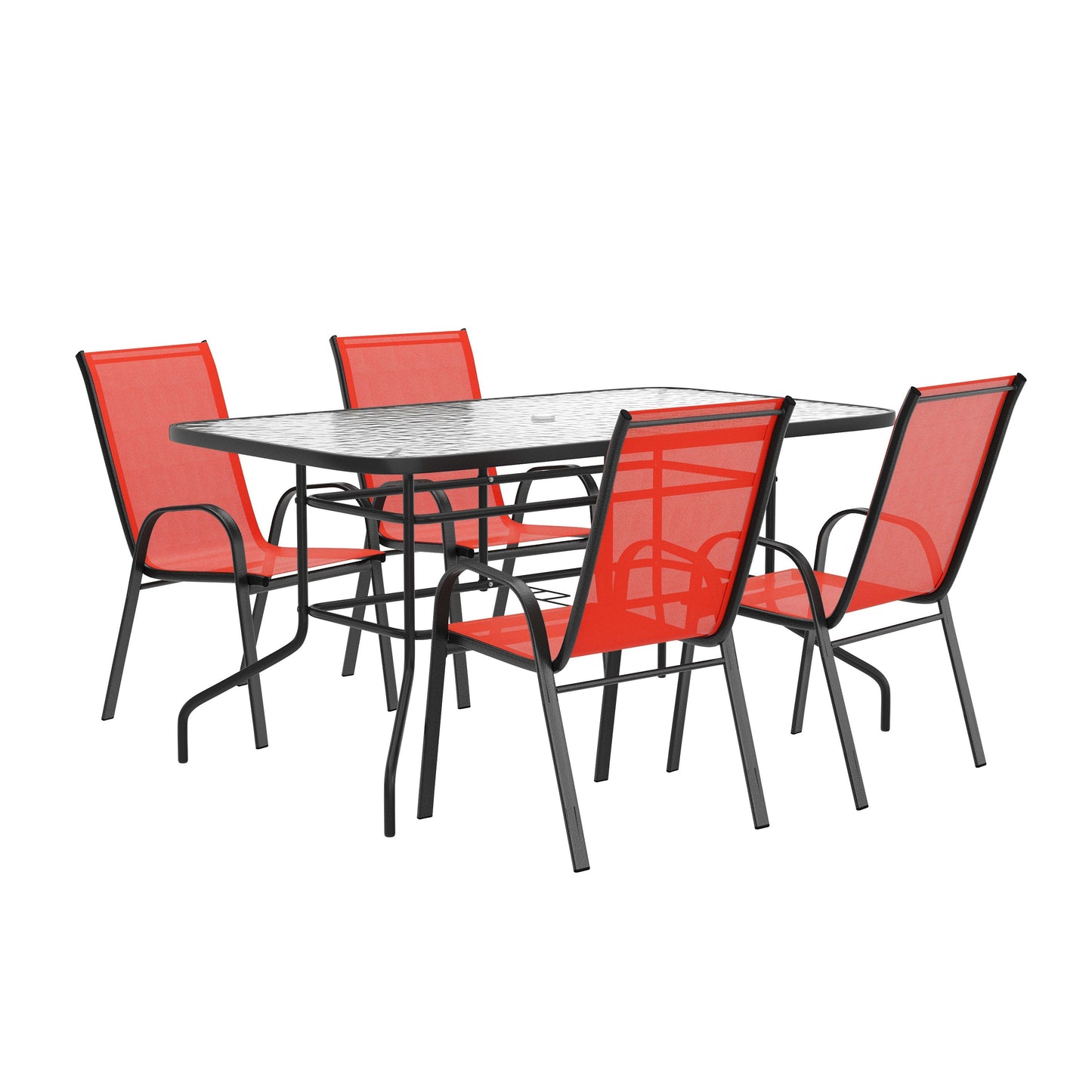 Brazos 5 Piece Outdoor Patio Dining Set - Tempered Glass Patio Table, 4 Flex Comfort Stack Chairs