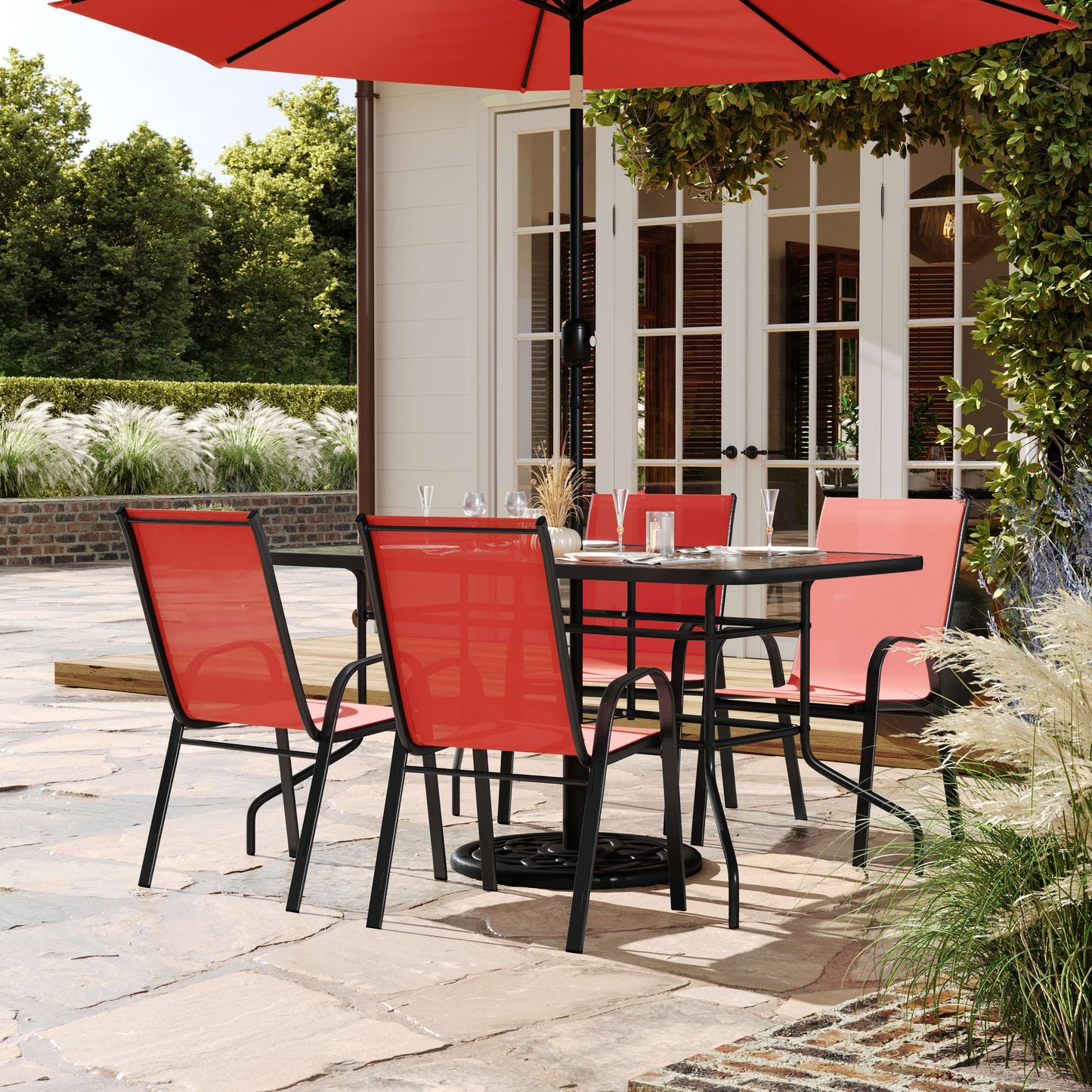Brazos 5 Piece Outdoor Patio Dining Set - Tempered Glass Patio Table, 4 Flex Comfort Stack Chairs