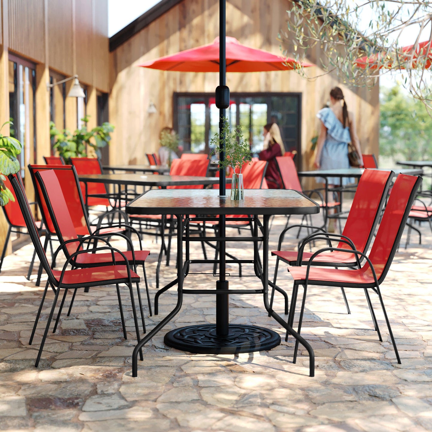 Brazos 5 Piece Outdoor Patio Dining Set - Tempered Glass Patio Table, 4 Flex Comfort Stack Chairs
