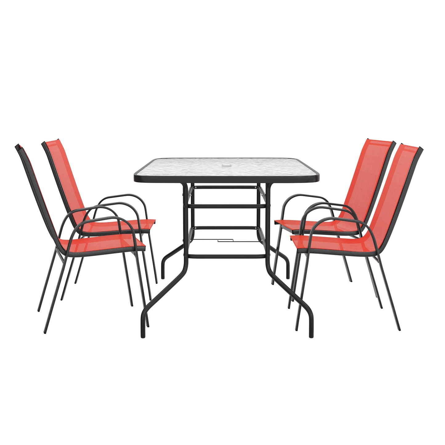 Brazos 5 Piece Outdoor Patio Dining Set - Tempered Glass Patio Table, 4 Flex Comfort Stack Chairs