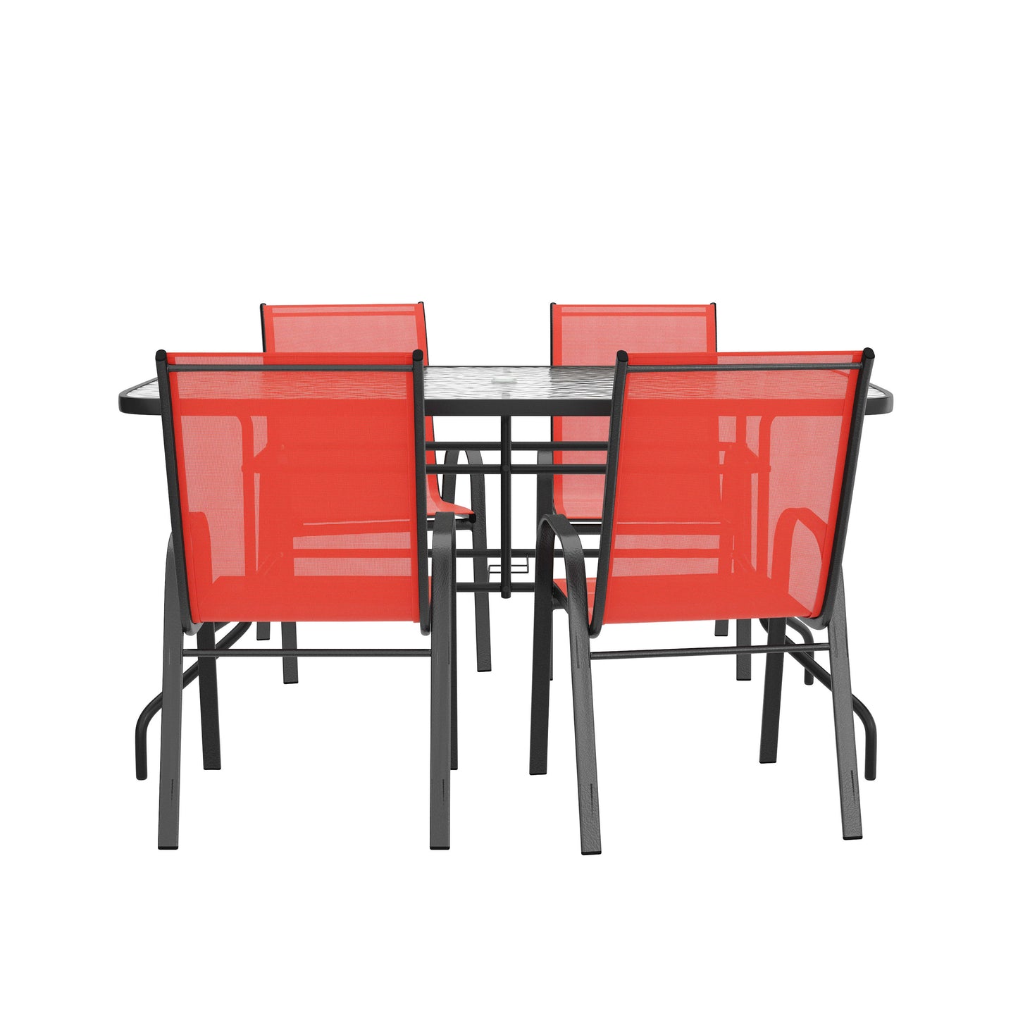 Brazos 5 Piece Outdoor Patio Dining Set - Tempered Glass Patio Table, 4 Flex Comfort Stack Chairs