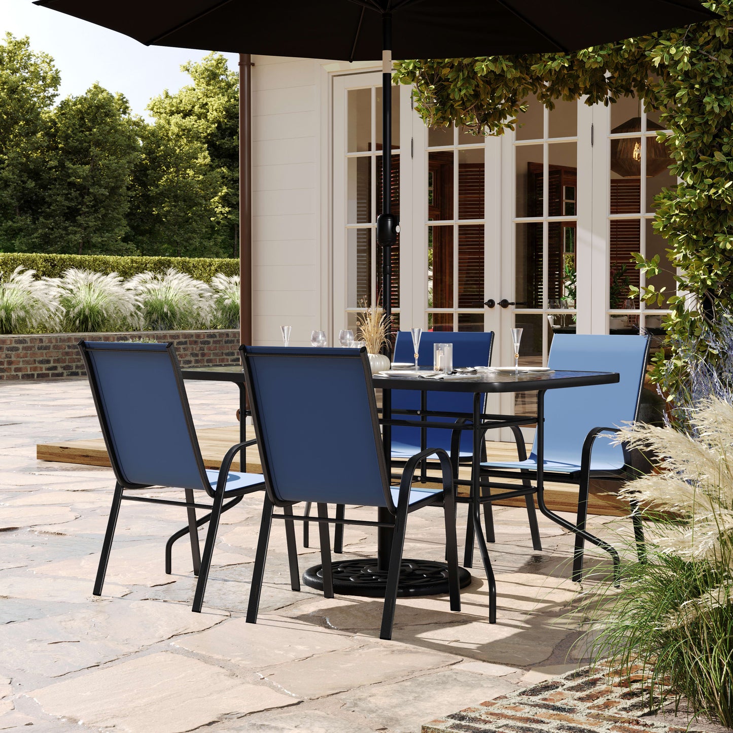 Brazos 5 Piece Outdoor Patio Dining Set - Tempered Glass Patio Table, 4 Flex Comfort Stack Chairs