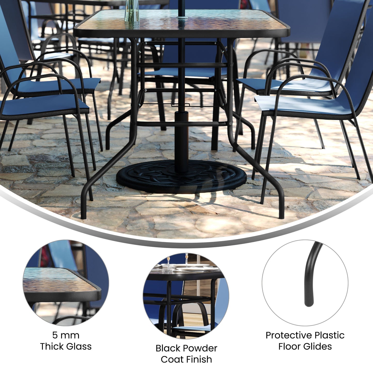 Brazos 5 Piece Outdoor Patio Dining Set - Tempered Glass Patio Table, 4 Flex Comfort Stack Chairs