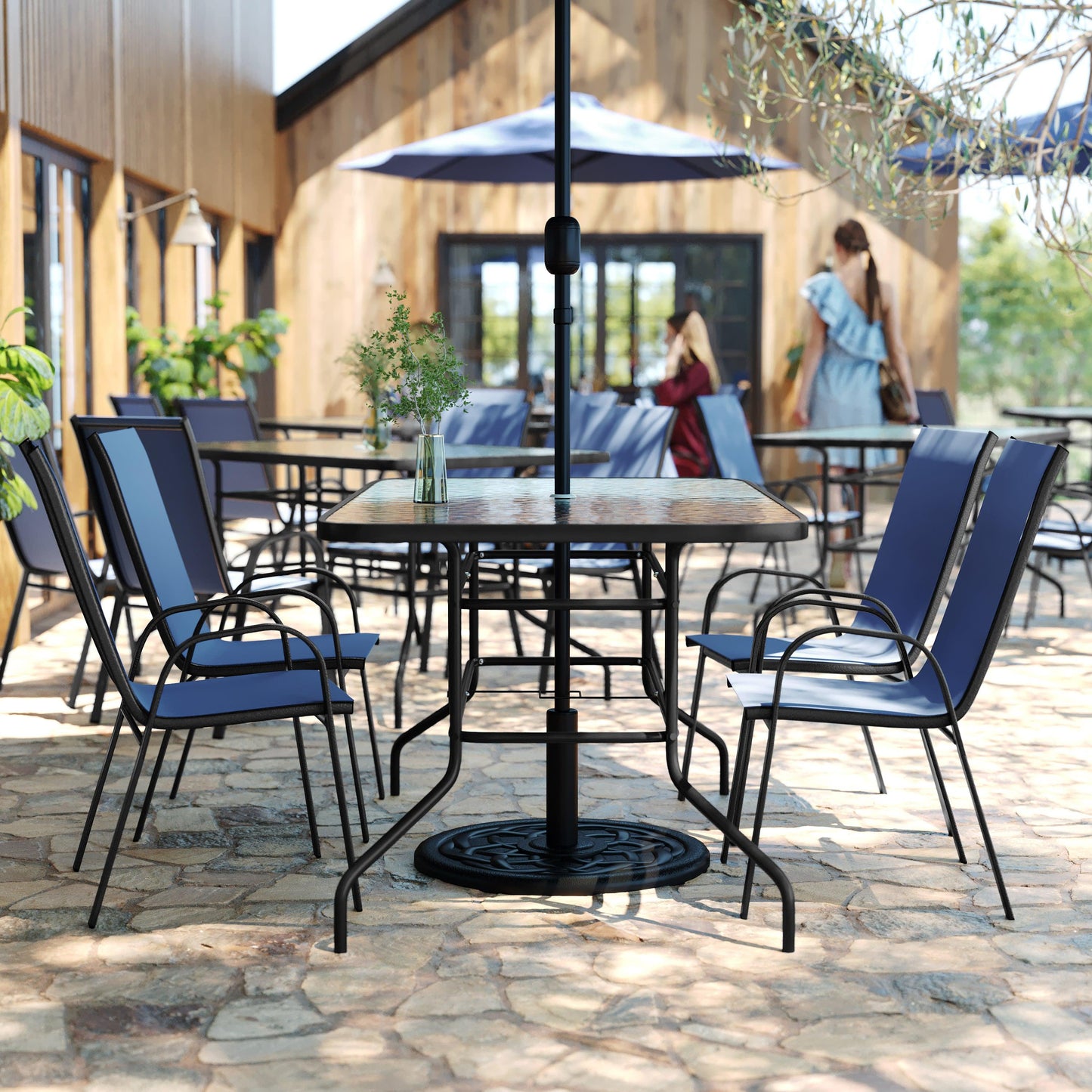 Brazos 5 Piece Outdoor Patio Dining Set - Tempered Glass Patio Table, 4 Flex Comfort Stack Chairs