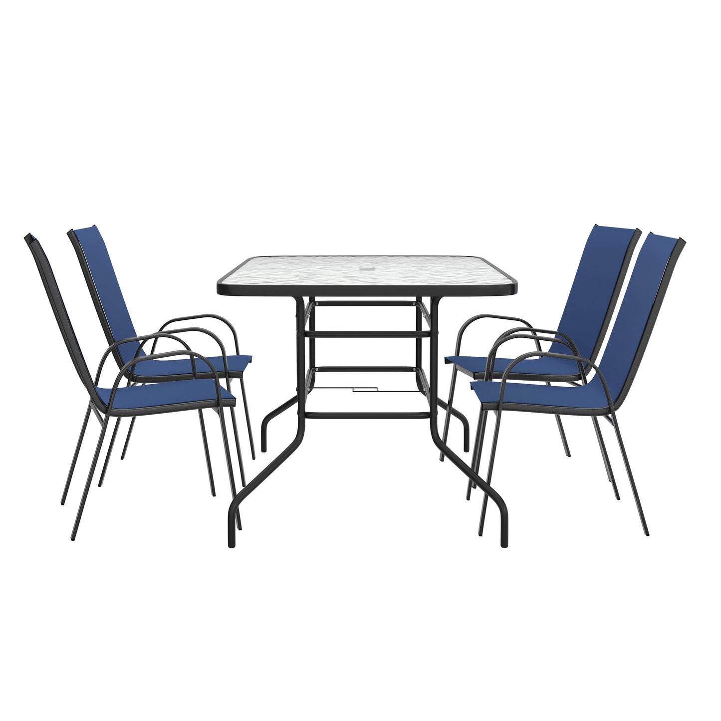 Brazos 5 Piece Outdoor Patio Dining Set - Tempered Glass Patio Table, 4 Flex Comfort Stack Chairs