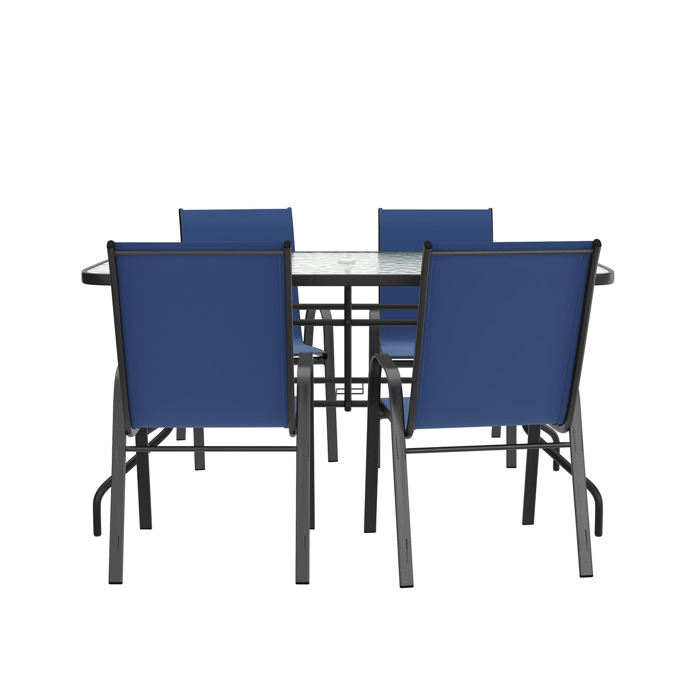 Brazos 5 Piece Outdoor Patio Dining Set - Tempered Glass Patio Table, 4 Flex Comfort Stack Chairs