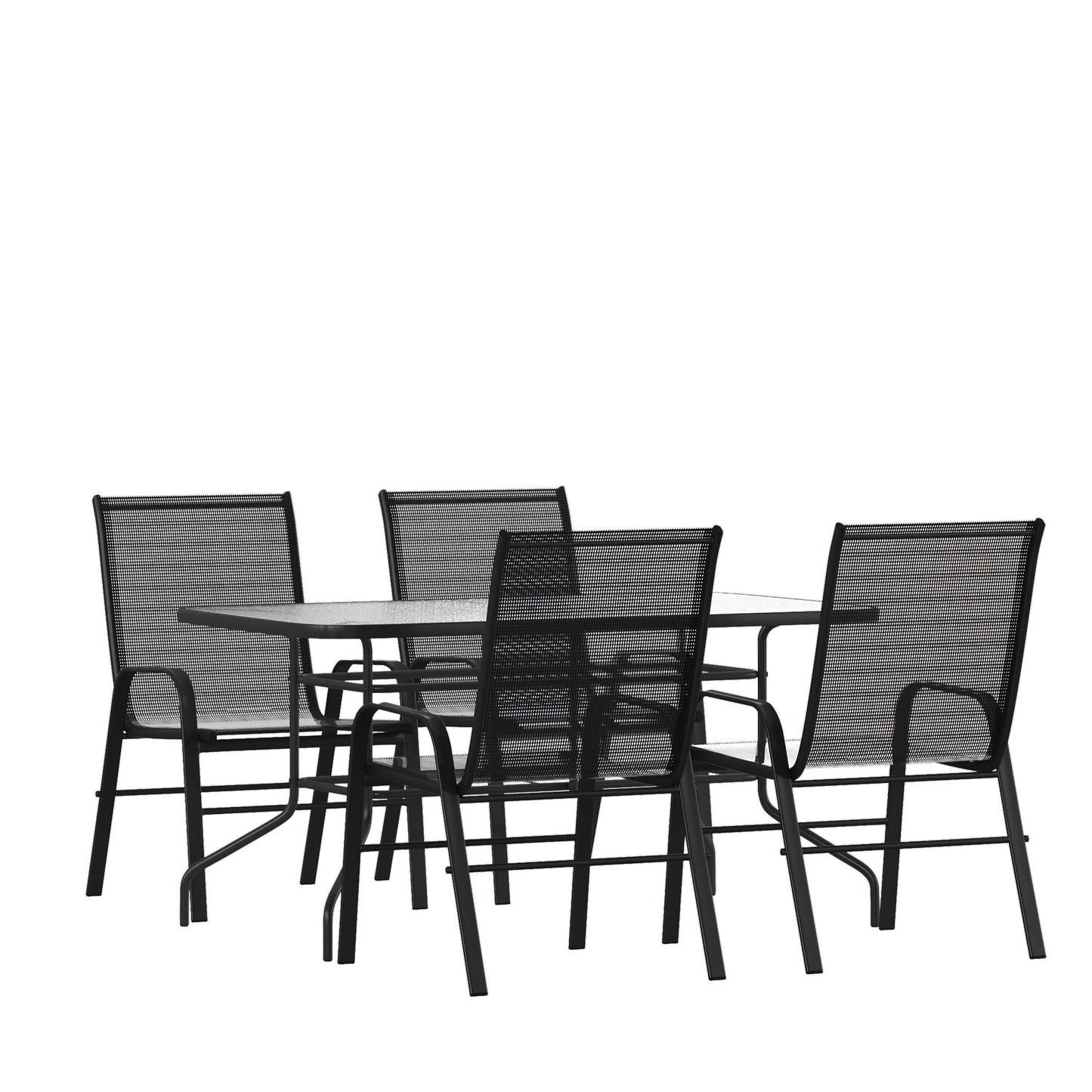 Brazos 5 Piece Outdoor Patio Dining Set - Tempered Glass Patio Table, 4 Flex Comfort Stack Chairs